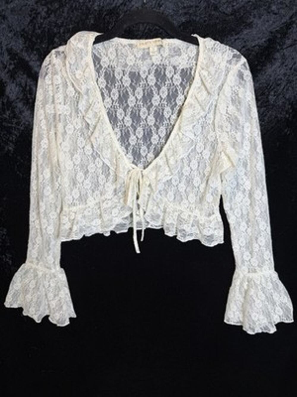 Thirty Thirty LA Lace Cardigan Ruffle Tie Long Sleeve Top S Coquette Boho Y2k